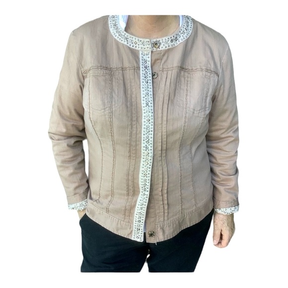 CHICO’S  Jacket Khaki with stitching details and Embellished Snap Front Size 2 - Picture 10 of 13